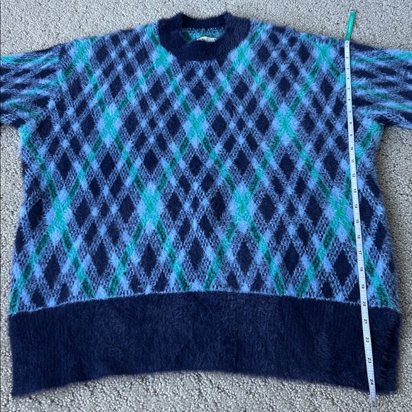 Aerie Flurry Oversized Argyle Sweater Fuzzy Winter Cozy Blue Crewneck Top XXS - Picture 7 of 11